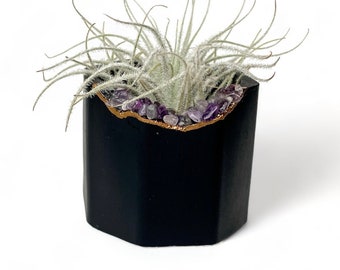 Black Minimalist Geode concrete air plant holder, amethyst crystals planter pot