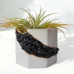 Black tourmaline mini concrete planter, mini geode planter, black crystal pot plant