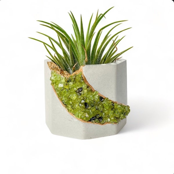 Modern peridot geode planter, mini crystal concrete plant pot
