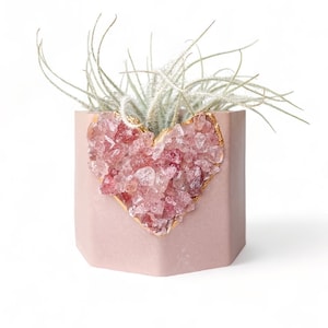 Concrete pink plant pot, geode strawberry quartz air plant holder, mini crystal planter decor