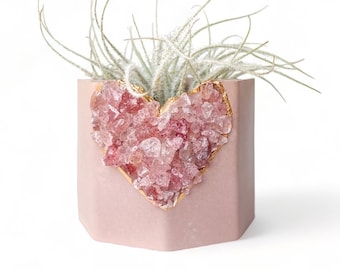 Concrete pink plant pot, geode strawberry quartz air plant holder, mini crystal planter decor