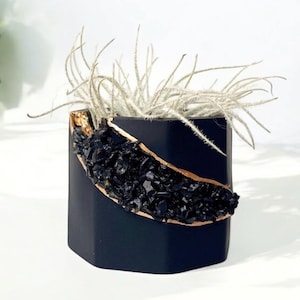 Black Geode Concrete Planter, Tourmaline Plant Pot, mini succulent & air plant holder