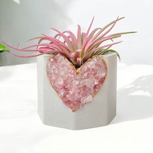 Mini Heart Concrete Pot, Strawberry Quartz Crystal Planter, Cute Air Plant Holder, Crystal Gift for Her