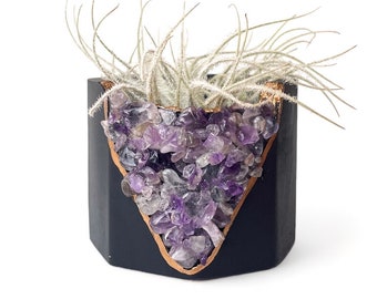 Black concrete air plant holder with amethyst crystals, Handpainted mini planter gift idea