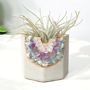 Rainbow Geode Concrete Planter, Aquamarine, Amethyst & Rose Quartz crystals, mini air plant holder