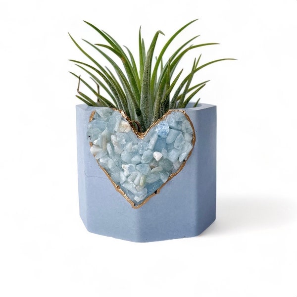 Aquamarine heart concrete plant pot, cute light blue air plant holder, cement planter