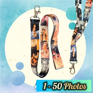 May include: Two colorful lanyards with a variety of photos printed on them. The lanyards are made of a durable material and have a metal clip at the top. The text "1-50 Photos" is printed on a blue and white background.