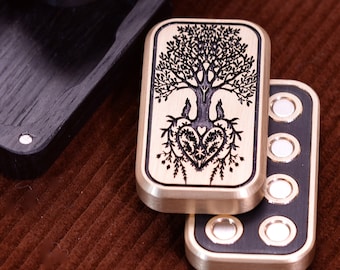 Serenity in Brass - Tree of Life Engraved Rectangular Magnetic Fidget Slider with Bog Oak Gift Box.