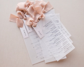 Vellum Paper Menu Cards with Chiffon Ribbon // Optional Place Cards Name Tags // White Ink Printing Available // Wedding Birthday Stationery