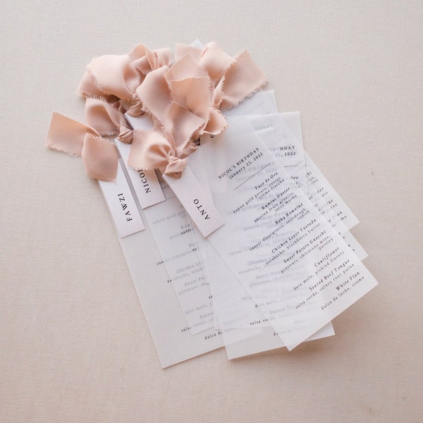 Vellum Paper Menu Cards with Chiffon Ribbon // Optional Place Cards Name Tags // White Ink Printing Available // Wedding Birthday Stationery