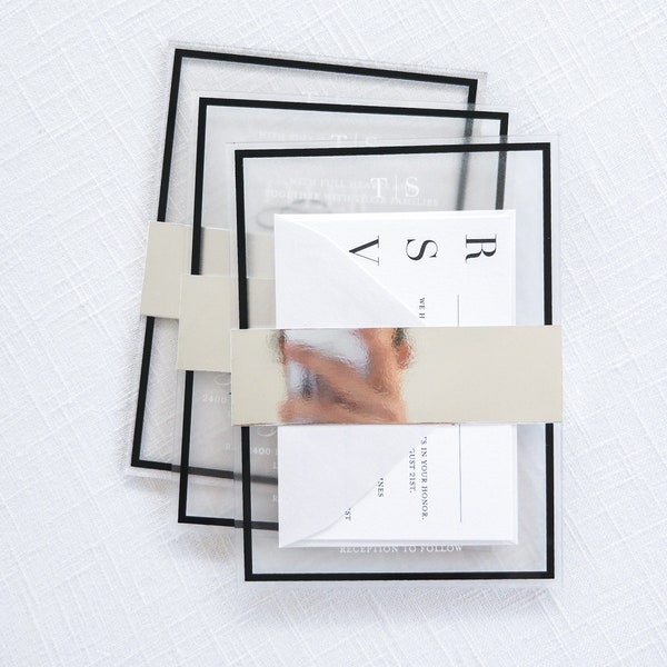 The Frame'd Collection // Black & White Frosted Acrylic Invitations with Custom Silver Mirror Belly Band, RSVP Cards + Envelopes