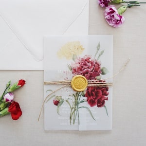 Floral Acrylic Wedding Invitation: Vellum Jacket, Gold Wax Seal