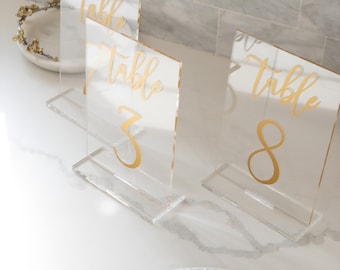 Acrylic Table Number with Clear Acrylic Stand // Style No. 1 // Table Number Sign with Holder // Clear, Frosted, White, Black, Gold, Silver