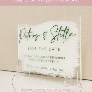 Acrylic Save the Dates / Customizable Frosted or Clear Acrylic Save the Date Cards / Custom Painted Green Background / with Magnet or Stand image 4