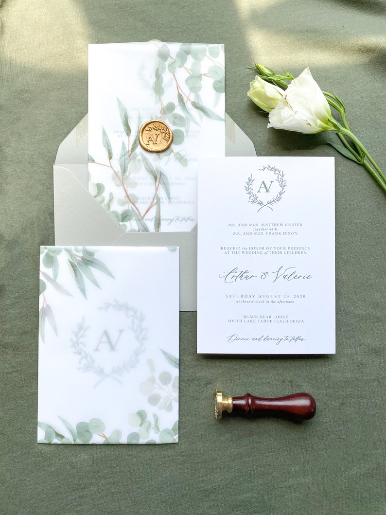 Green Gold Gold Wax Seal /& Vellum Wedding Invitation Suite Customized Wedding Invitations Green Leaves and Vellum Gatefold Jacket