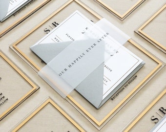 The Frame'd Collection with Custom Vellum Belly Band & RSVP Cards + Envelopes // Clear Frost Acrylic Wedding Invitations with Black + Gold