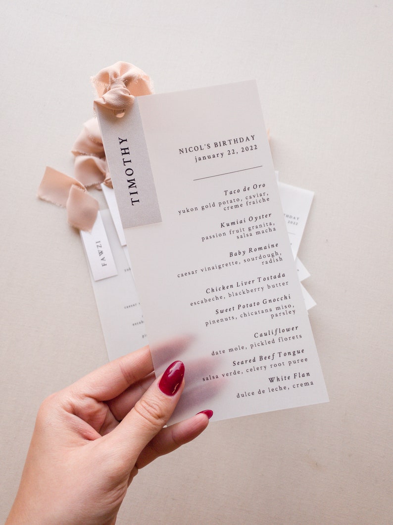 Vellum Paper Menu Cards With Chiffon Ribbon // Optional Place Etsy