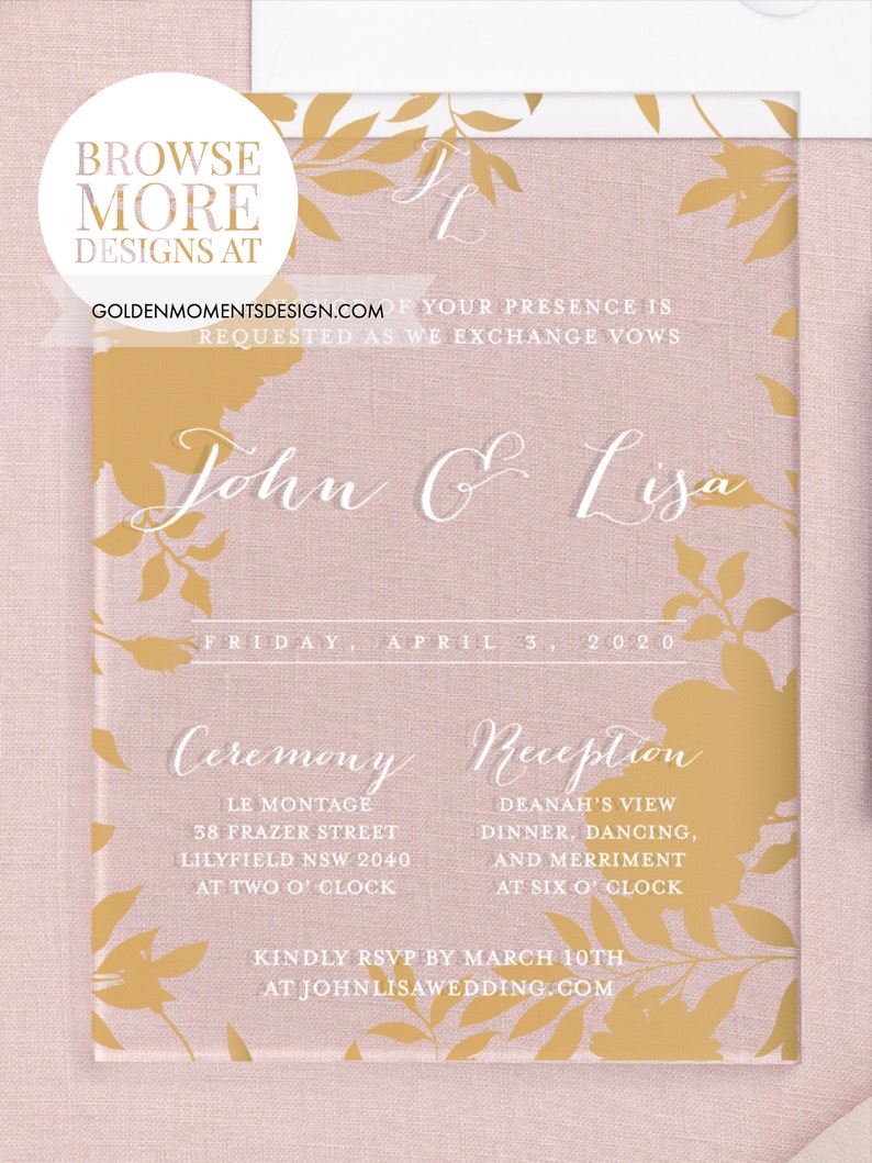 The Boho Chic Collection // Clear Acrylic Invitation // Wedding Invite with Floral Background Gold and Black // Simple, Chic Wedding Mitzvah image 6