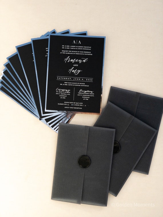 The Reflections Collection / Black Card Stock Invitations With Silver  Mirror Frame / White Ink Printing on Black Paper / Modern & Luxurious 