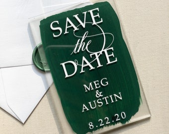 Acrylic Save the Dates / Customizable Frosted or Clear Acrylic Save the Date Cards / Custom Painted Green Background / with Magnet or Stand