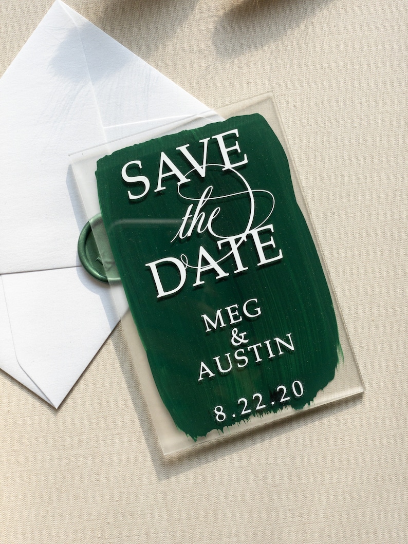 Acrylic Save the Dates / Customizable Frosted or Clear Acrylic Save the Date Cards / Custom Painted Green Background / with Magnet or Stand image 1