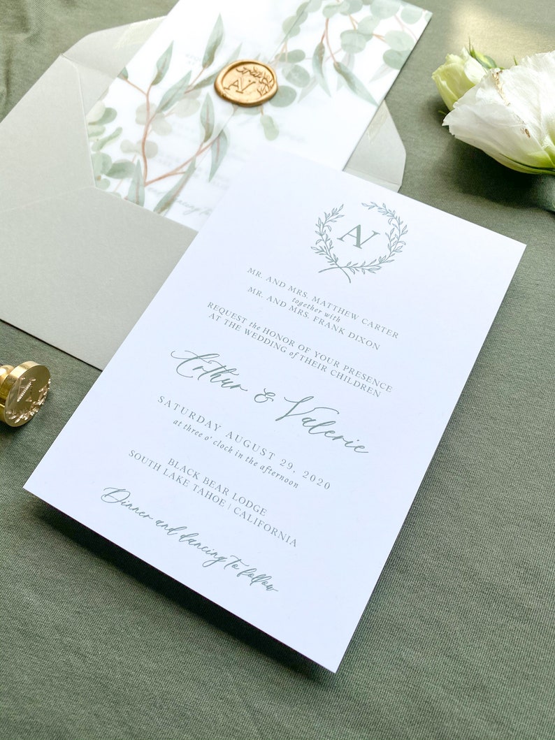Green Gold Gold Wax Seal /& Vellum Wedding Invitation Suite Customized Wedding Invitations Green Leaves and Vellum Gatefold Jacket