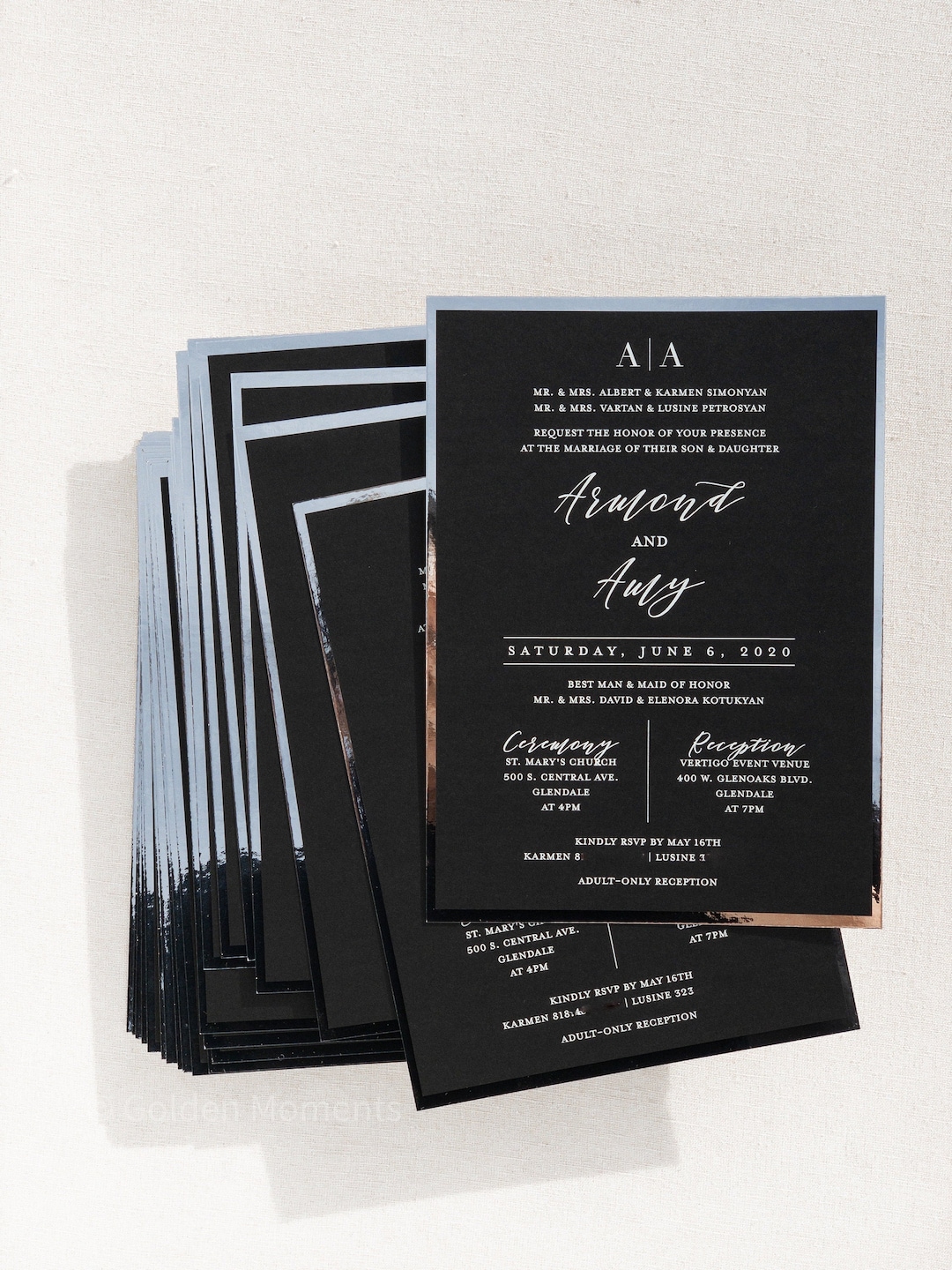 The Reflections Collection / Black Card Stock Invitations With Silver