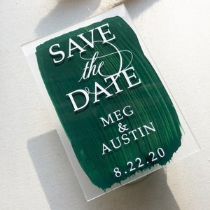 Acrylic Save the Dates / Customizable Frosted or Clear Acrylic Save the Date Cards / Custom Painted Green Background / with Magnet or Stand image 7