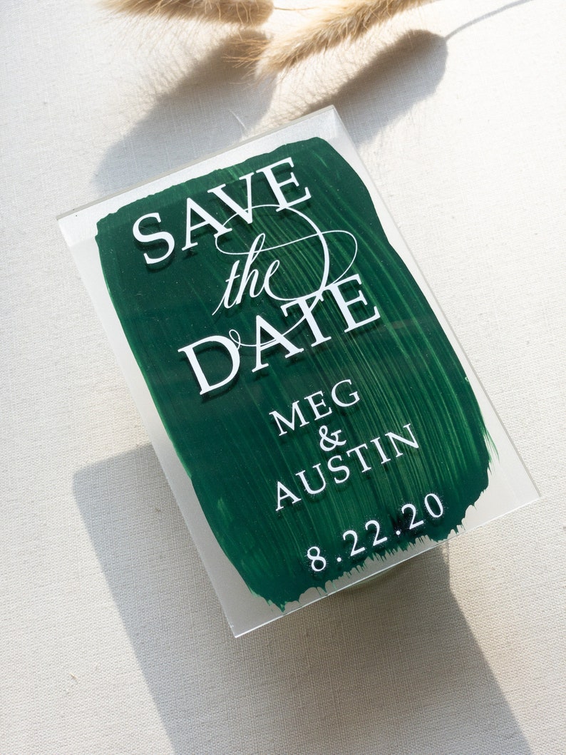 Acrylic Save the Dates / Customizable Frosted or Clear Acrylic Save the Date Cards / Custom Painted Green Background / with Magnet or Stand image 7