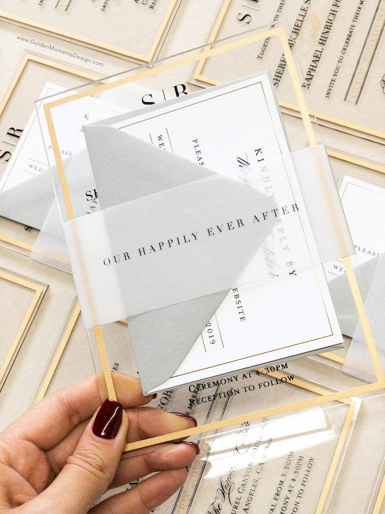 The Frame'd Collection with Custom Vellum Belly Band & RSVP Cards Envelopes // Clear Frost Acrylic Wedding Invitations with Black Gold image 3
