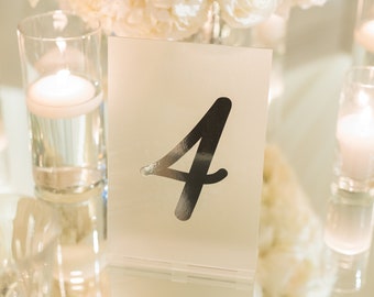 Frosted Acrylic Table Numbers with Silver Mirror Digits / Customizable Table Number with Acrylic Stand Included