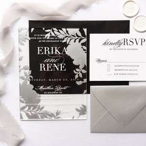 The Boho Chic Collection // Clear Acrylic Invitation // Wedding Invite with Floral Background Gold and Black // Simple, Chic Wedding Mitzvah image 3