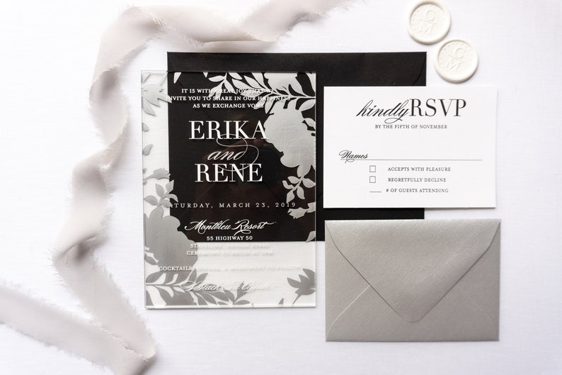 The Boho Chic Collection // Clear Acrylic Invitation // Wedding Invite with Floral Background Gold and Black // Simple, Chic Wedding Mitzvah image 3