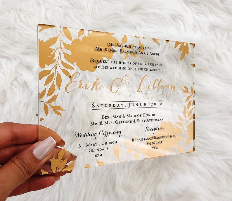 The Boho Chic Collection // Clear Acrylic Invitation // Wedding Invite with Floral Background Gold and Black // Simple, Chic Wedding Mitzvah image 2