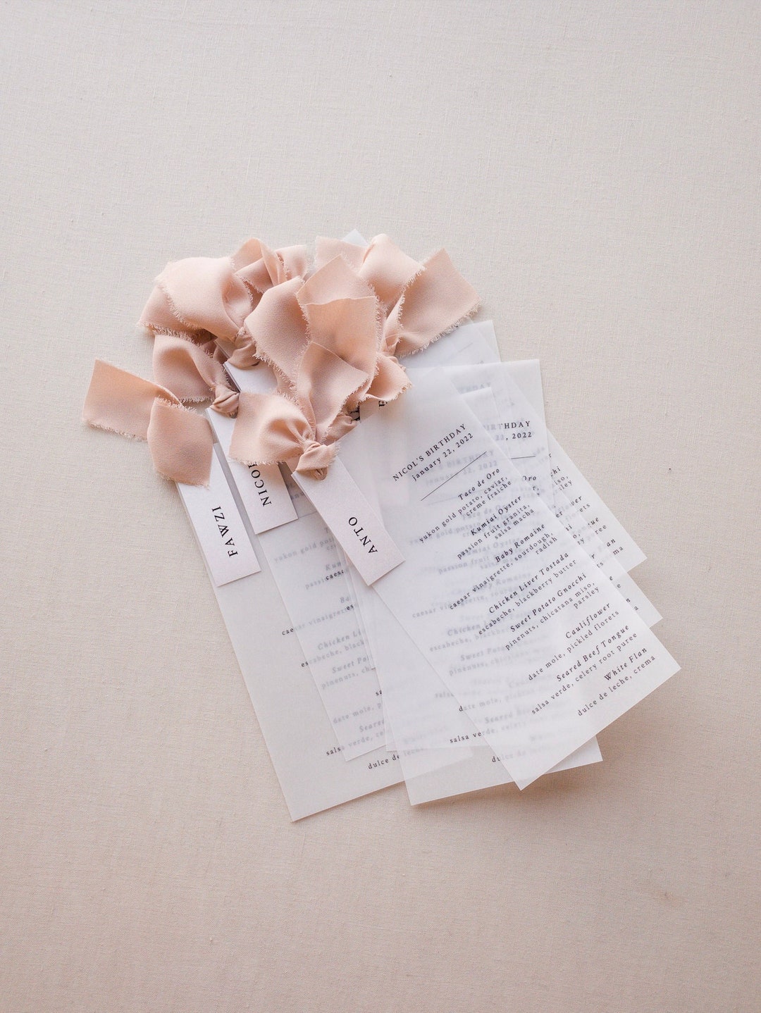 Vellum Paper Menu Cards With Chiffon Ribbon // Optional
