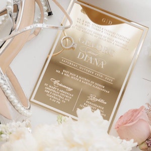 The Frame'd Mirror Collection | Semi-Custom Acrylic Wedding Invitation Suite | Gold Mirror Acrylic | Vellum Wrap, Metallic Appliqué