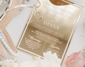 The Frame'd Mirror Collection on Gold Mirror Acrylic // Custom Acrylic Wedding Invitation Suite with Vellum Jacket and Metallic Appliqué