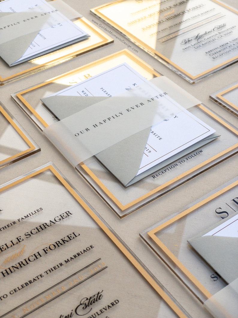 The Frame'd Collection with Custom Vellum Belly Band & RSVP Cards Envelopes // Clear Frost Acrylic Wedding Invitations with Black Gold image 4