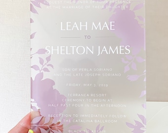 The Boho Chic Collection in Lilac // Purple Lavender Floral Design with White Modern Text // Luxury Acrylic Invitations // Mitzvah Invites