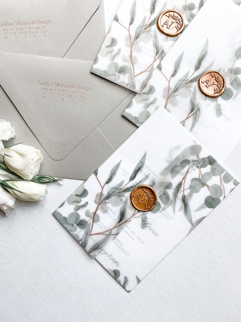 Green Gold Gold Wax Seal /& Vellum Wedding Invitation Suite Customized Wedding Invitations Green Leaves and Vellum Gatefold Jacket
