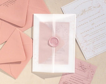 The Cherry Blossom Collection // Dusty Pink & Vellum Paper Wedding Invitation, Custom Wax Seal // Pink, Card Stock Blush, Dusty Rose Invites