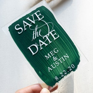 Acrylic Save the Dates / Customizable Frosted or Clear Acrylic Save the Date Cards / Custom Painted Green Background / with Magnet or Stand image 2