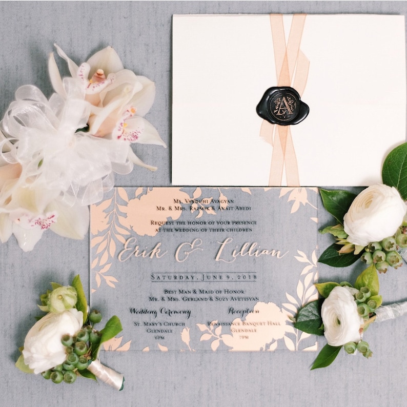 The Boho Chic Collection // Clear Acrylic Invitation // Wedding Invite with Floral Background Gold and Black // Simple, Chic Wedding Mitzvah image 1