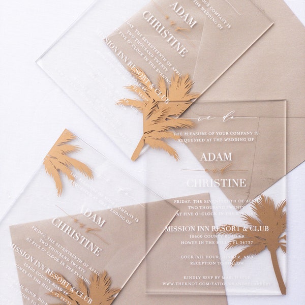 The Palm Collection // Custom Acrylic Invitations // Modern Luxurious Tropical Destination Wedding // Clear Transparent Invites for Beach