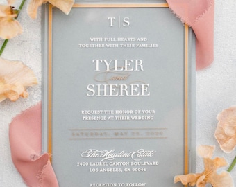 Frosted, Matte Gold Frame Acrylic Wedding Invitations // Lucite Invites for Bridal Showers and Birthdays // Gold Border with White Text