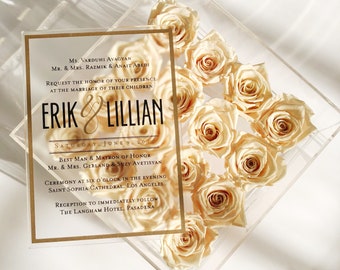The Frame'd Collection // Chic, Elegant Frosted Clear Acrylic Invitation // Wedding Invitation in Gold and Black // Simple Invite for Party
