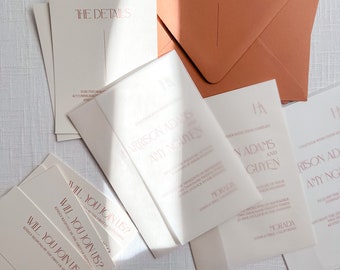 The Union Collection // Hochzeitseinladungen aus Karton mit Pergamenthüllen, benutzerdefinierten Wachssiegeln und Papier-RSVP-Karten // Terrakotta-Umschläge