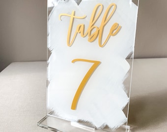 Acrylic Table Numbers with Gold Script & Painted Background // Customizable Colors Hand Painted