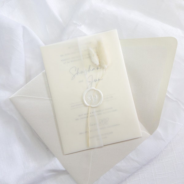 The Pampas Collection // Card Stock Wedding Invitations, Bunny Tail Pampas Grass Vellum Jackets, Custom Wax Seals, Paper RSVP Cards