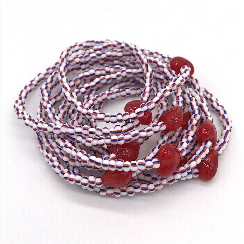 Wholesale Glass Heart Beaded Stretch Bracelets Lot of 10 Red White /& Blue Striped Glass 60 Seed Beads wRed Hearts
